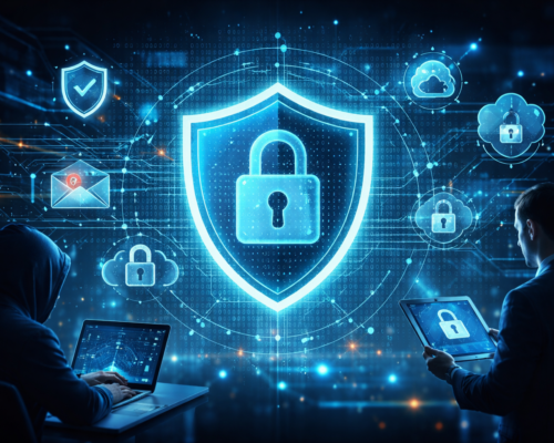 Ciberseguridad del futuro con escudo brillante